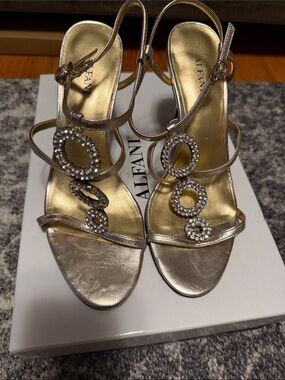 Alfani Gold Strappy Heeled Sandals with Crystal Circle Accents